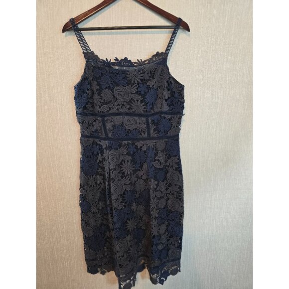 Elie Tahari Navy Blue Lace Floral Sleeveless Dress With Zipper Back US size 8 - Picture 1 of 13